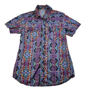 VTG Mens Western Pearl Snap Button Up Shirt Short Sleeve Aztec Multicolor Sz Med